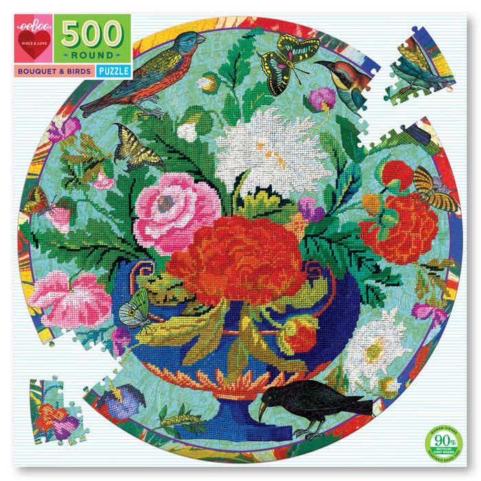 eeBoo Bouquet & Birds 500 Piece Round Puzzle